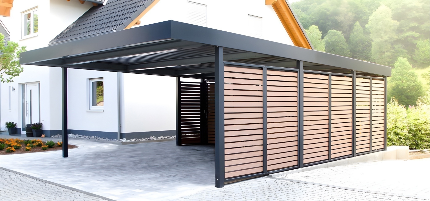 Полузакрытый навес с крышей из поликарбоната Арочный автонавес с поликарбонатом для дачи