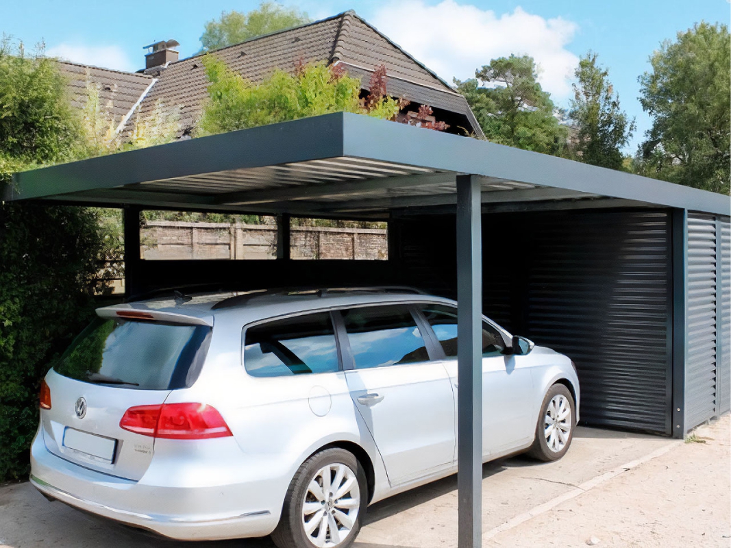 Односкатный автонавес из поликарбоната в стиле хай-тек для автомобиля