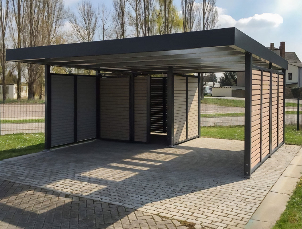 Односкатный автонавес из поликарбоната в стиле хай-тек для автомобиля с закрытыми боковинами Арочный автонавес с поликарбонатом для дачи